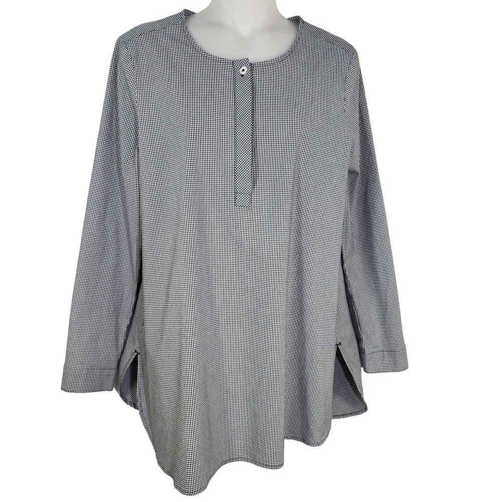 J. Jill Tunic Top Womens Medium Black Gingham Check Minimalist Lagenlook Popover